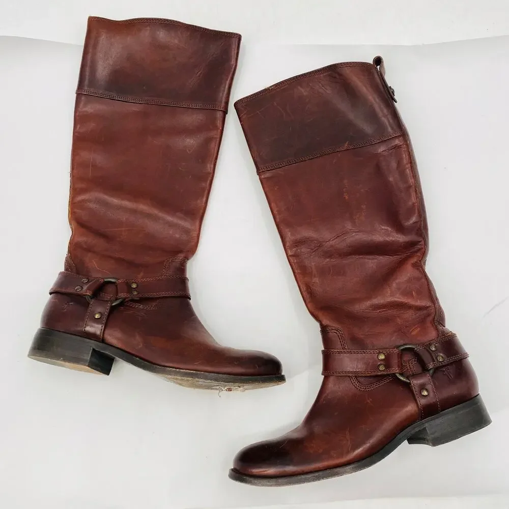 Frye brown leather tall buckle riding boots